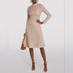 St. John Long-Sleeve Pink Tweed Midi Dress Silk Lined Women's Size 12 Elegant